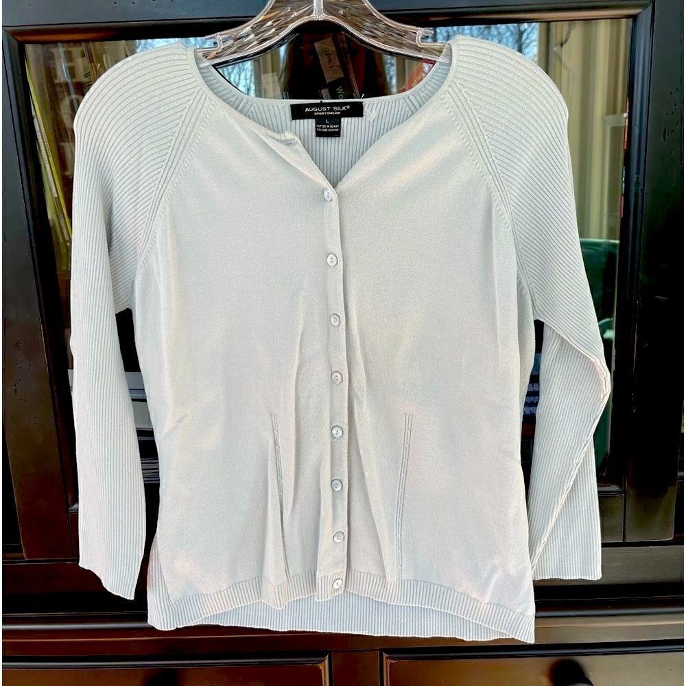 August Silk sportswear sky blue ladies button-up cardigan sweater, large